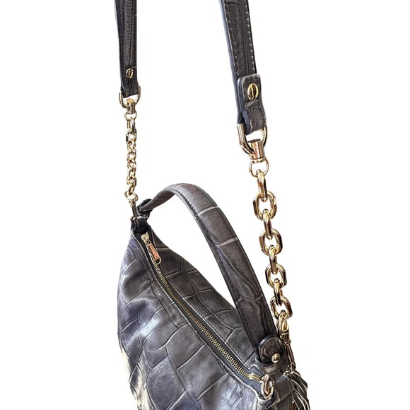 Brahmin Grey Croc Embossed Leather Shoulder Bag Gold Chain‎ Tassel Accent - Picture 7 of 16